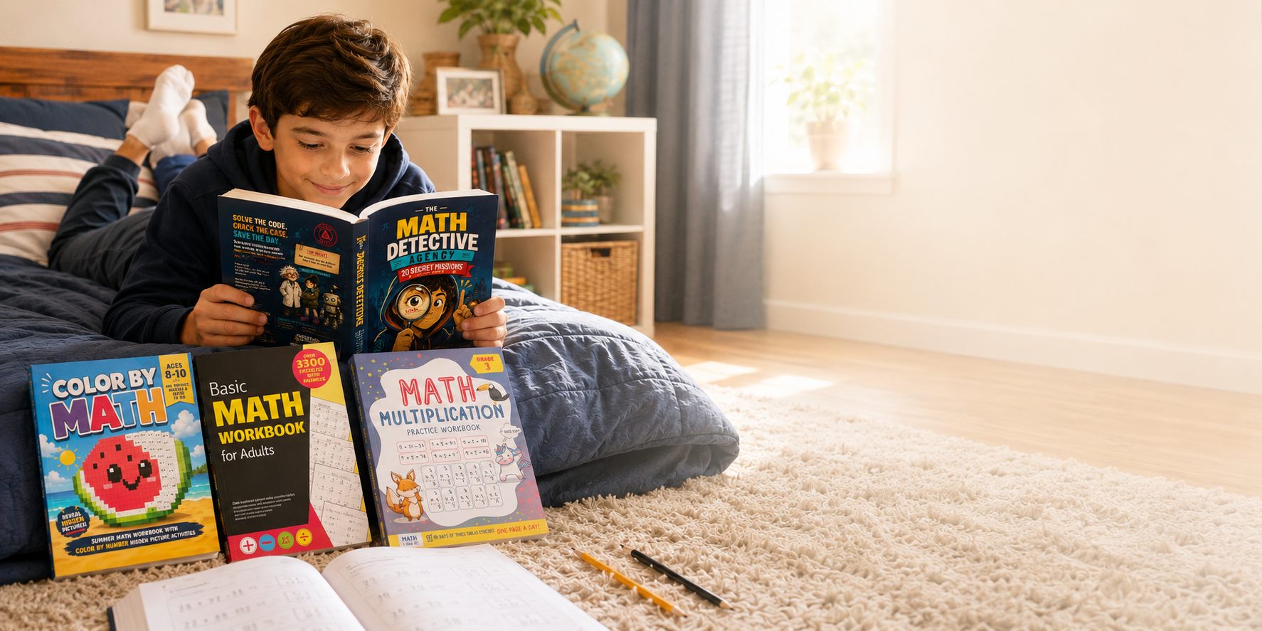 A child reading The Math Detective Agency surrounded by Math I Like It books
