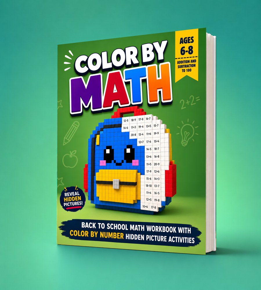 Color by Math — Back to School math workbook with color by number hidden picture activities, ages 6-8