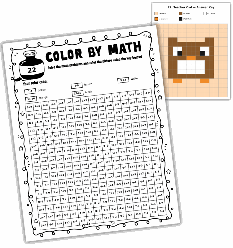 A Color by Math worksheet beside its full-colour answer key, showing a hidden owl picture