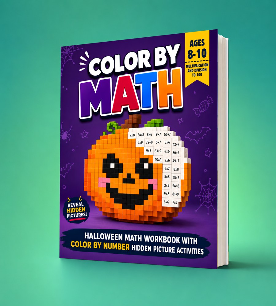 Color by Math — Halloween math workbook with color by number hidden picture activities, ages 8-10