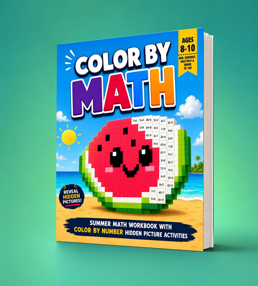 Color by Math — Summer math workbook with color by number hidden picture activities, ages 8-10