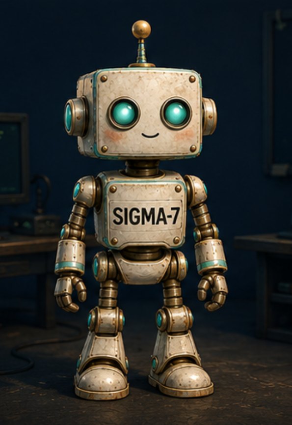 Sigma-7 — a copper-and-cream robot with glowing teal eyes at a computer station